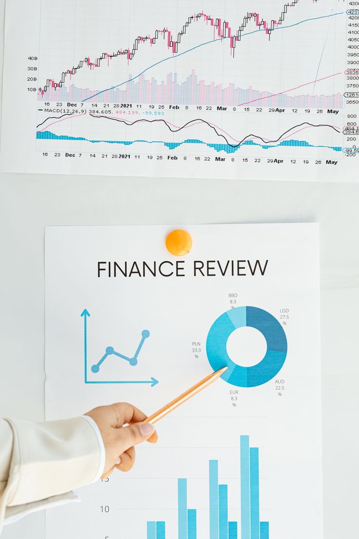 about-us-02 Close-up of financial analysis showing graphs, charts, and person pointing with pencil.